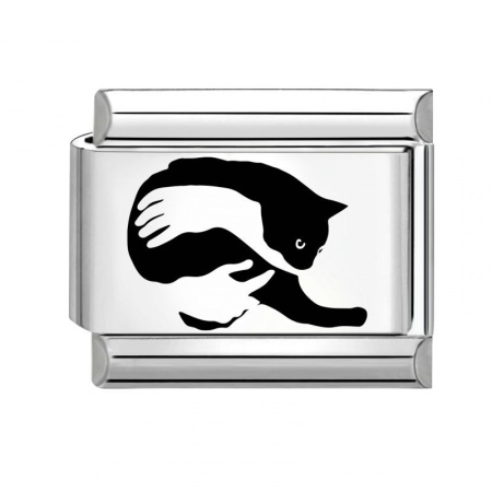 Picture of 1 Piece 304 Stainless Steel Stylish Italian Charm Links For DIY Bracelet Jewelry Making Wholesale Silver Tone Black Rectangle Cat 10mm x 9mm