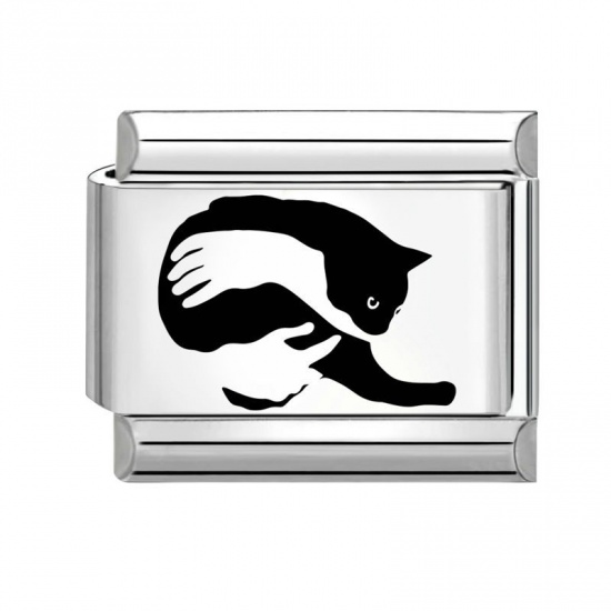 Picture of 1 Piece 304 Stainless Steel Stylish Italian Charm Links For DIY Bracelet Jewelry Making Wholesale Silver Tone Black Rectangle Cat 10mm x 9mm