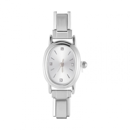 Picture of 1 Piece 304 Stainless Steel Stylish Italian Charm Links Watch Face For DIY Jewelry Making Wholesale Silver Tone White Oval 5.7cm x 2.6cm