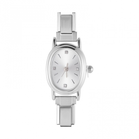 Picture of 1 Piece 304 Stainless Steel Stylish Italian Charm Links Watch Face For DIY Jewelry Making Wholesale Silver Tone White Oval 5.7cm x 2.6cm