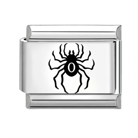 Picture of 1 Piece 304 Stainless Steel Stylish Italian Charm Links For DIY Bracelet Jewelry Making Wholesale Silver Tone Black Rectangle Halloween Spider 10mm x 9mm