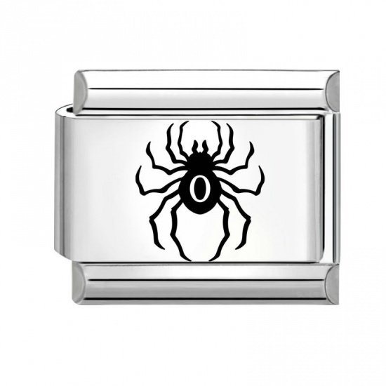 Picture of 1 Piece 304 Stainless Steel Stylish Italian Charm Links For DIY Bracelet Jewelry Making Wholesale Silver Tone Black Rectangle Halloween Spider 10mm x 9mm