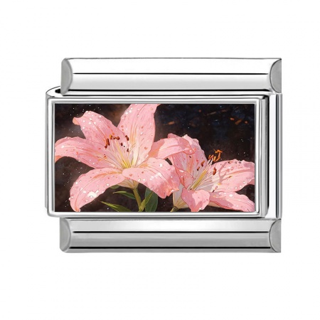 Picture of 1 Piece 304 Stainless Steel Stylish Italian Charm Links For DIY Bracelet Jewelry Making Wholesale Silver Tone Pink Rectangle Flower 10mm x 9mm