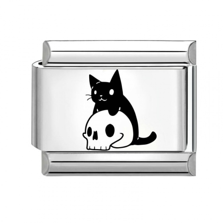 Picture of 1 Piece 304 Stainless Steel Stylish Italian Charm Links For DIY Bracelet Jewelry Making Wholesale Silver Tone Black Rectangle Cat 10mm x 9mm