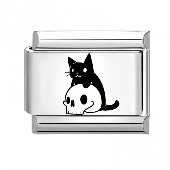 Picture of 1 Piece 304 Stainless Steel Stylish Italian Charm Links For DIY Bracelet Jewelry Making Wholesale Silver Tone Black Rectangle Cat 10mm x 9mm