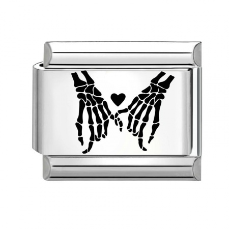 Picture of 1 Piece 304 Stainless Steel Stylish Italian Charm Links For DIY Bracelet Jewelry Making Wholesale Silver Tone Black Rectangle Hand 10mm x 9mm