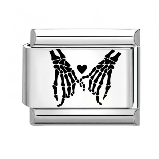 Picture of 1 Piece 304 Stainless Steel Stylish Italian Charm Links For DIY Bracelet Jewelry Making Wholesale Silver Tone Black Rectangle Hand 10mm x 9mm