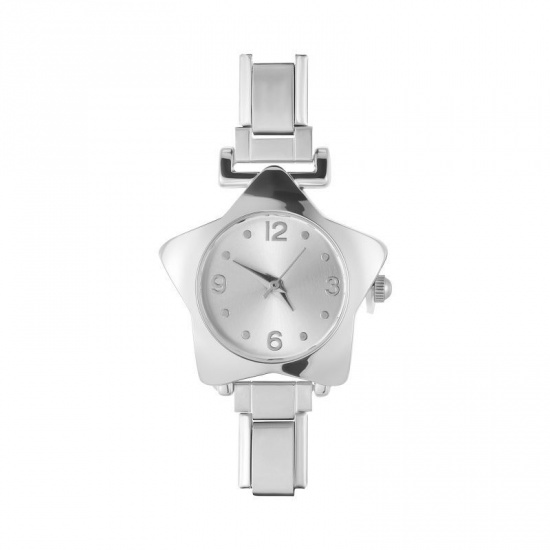 Picture of 1 Piece 304 Stainless Steel Stylish Italian Charm Links Watch Face For DIY Jewelry Making Wholesale Silver Tone White Pentagram Star 5.7cm x 2.5cm
