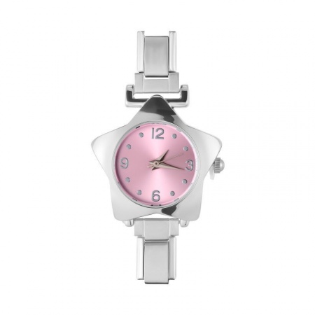 Picture of 1 Piece 304 Stainless Steel Stylish Italian Charm Links Watch Face For DIY Jewelry Making Wholesale Silver Tone Pink Pentagram Star 5.7cm x 2.5cm