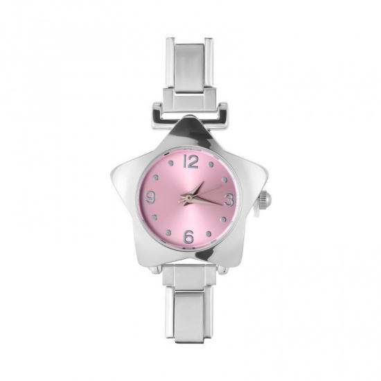 Picture of 1 Piece 304 Stainless Steel Stylish Italian Charm Links Watch Face For DIY Jewelry Making Wholesale Silver Tone Pink Pentagram Star 5.7cm x 2.5cm