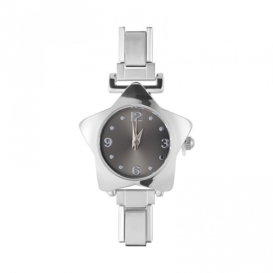 Picture of 1 Piece 304 Stainless Steel Stylish Italian Charm Links Watch Face For DIY Jewelry Making Wholesale Silver Tone Black Pentagram Star 5.7cm x 2.5cm