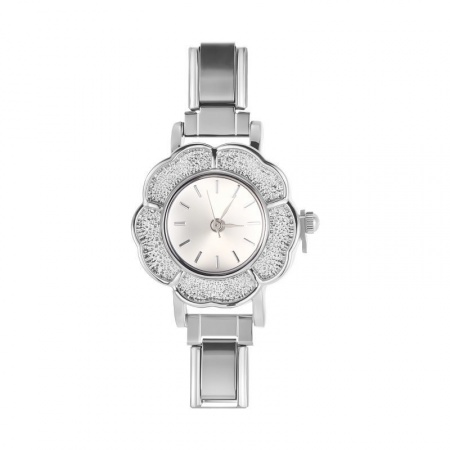 Picture of 1 Piece 304 Stainless Steel Stylish Italian Charm Links Watch Face For DIY Jewelry Making Wholesale Silver Tone White Flower 5.7cm x 2.6cm