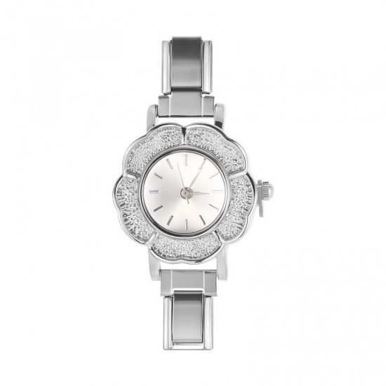 Picture of 1 Piece 304 Stainless Steel Stylish Italian Charm Links Watch Face For DIY Jewelry Making Wholesale Silver Tone White Flower 5.7cm x 2.6cm