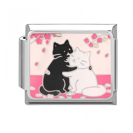 Picture of 1 Piece 304 Stainless Steel Stylish Italian Charm Links For DIY Bracelet Jewelry Making Wholesale Silver Tone Pink Rectangle Cat 10mm x 9mm
