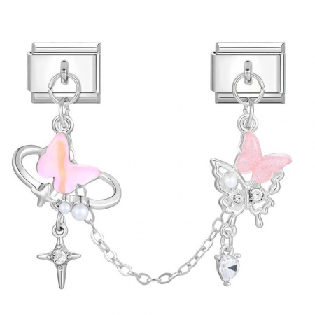 Picture of 1 Piece 304 Stainless Steel Stylish Italian Charm Links For DIY Bracelet Jewelry Making Wholesale Silver Tone Pink Butterfly Animal 10mm x 9mm