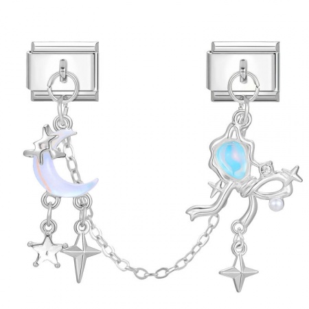 Picture of 1 Piece 304 Stainless Steel Stylish Italian Charm Links For DIY Bracelet Jewelry Making Wholesale Silver Tone Light Blue Half Moon 10mm x 9mm