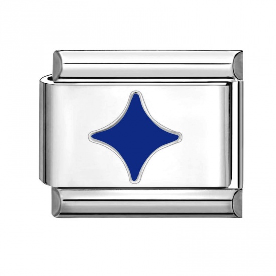 Picture of 1 Piece 304 Stainless Steel Stylish Italian Charm Links For DIY Bracelet Jewelry Making Wholesale Silver Tone Dark Blue Rectangle Star 10mm x 9mm