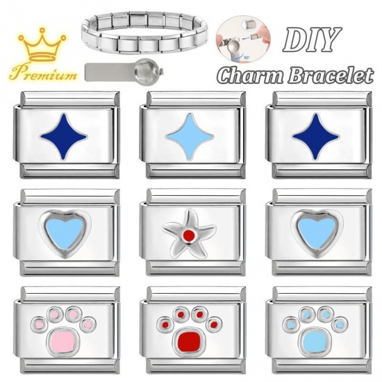 Picture of 1 Piece 304 Stainless Steel Stylish Italian Charm Links For DIY Bracelet Jewelry Making Wholesale Silver Tone Dark Blue Rectangle Star 10mm x 9mm