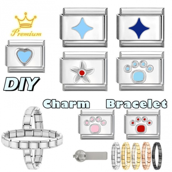 Picture of 1 Piece 304 Stainless Steel Stylish Italian Charm Links For DIY Bracelet Jewelry Making Wholesale Silver Tone Dark Blue Rectangle Star 10mm x 9mm
