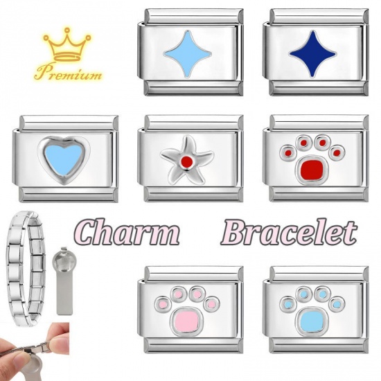 Picture of 1 Piece 304 Stainless Steel Stylish Italian Charm Links For DIY Bracelet Jewelry Making Wholesale Silver Tone Dark Blue Rectangle Star 10mm x 9mm
