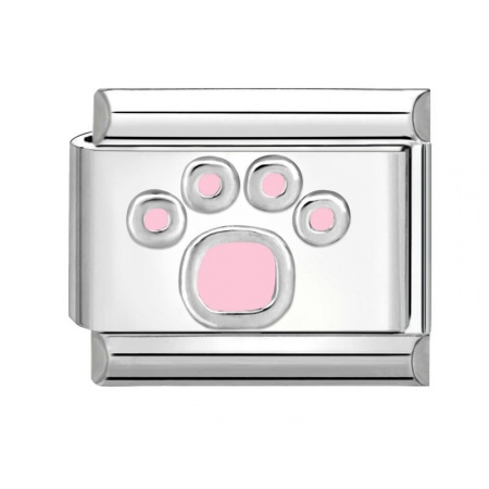 Picture of 1 Piece 304 Stainless Steel Stylish Italian Charm Links For DIY Bracelet Jewelry Making Wholesale Silver Tone Pink Rectangle Paw Print 10mm x 9mm