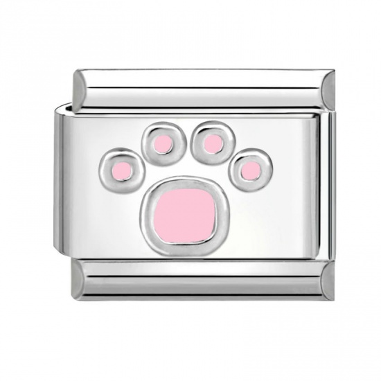 Picture of 1 Piece 304 Stainless Steel Stylish Italian Charm Links For DIY Bracelet Jewelry Making Wholesale Silver Tone Pink Rectangle Paw Print 10mm x 9mm