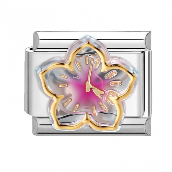 Picture of 1 Piece 304 Stainless Steel Stylish Italian Charm Links For DIY Modular Bracelet Watch Jewelry Making Wholesale Silver Tone Fuchsia Rectangle Flower 10mm x 9mm