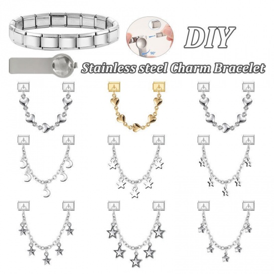 Picture of 1 Piece 304 Stainless Steel Valentine's Day Italian Charm Links For DIY Bracelet Jewelry Making Wholesale Gold Plated Heart 10mm x 9mm