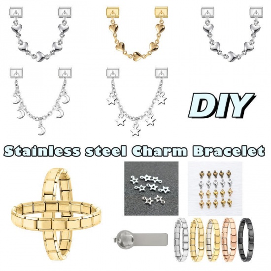 Picture of 1 Piece 304 Stainless Steel Valentine's Day Italian Charm Links For DIY Bracelet Jewelry Making Wholesale Gold Plated Heart 10mm x 9mm