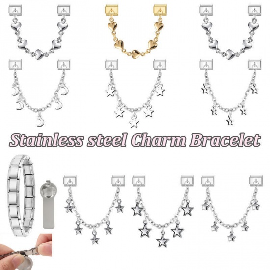 Picture of 1 Piece 304 Stainless Steel Valentine's Day Italian Charm Links For DIY Bracelet Jewelry Making Wholesale Gold Plated Heart 10mm x 9mm