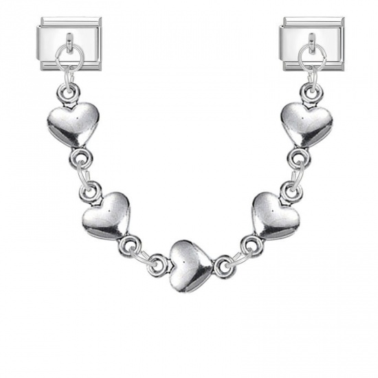 Picture of 1 Piece 304 Stainless Steel Valentine's Day Italian Charm Links For DIY Bracelet Jewelry Making Wholesale Silver Tone Heart 10mm x 9mm