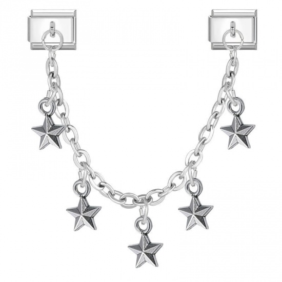 Picture of 1 Piece 304 Stainless Steel Stylish Italian Charm Links For DIY Bracelet Jewelry Making Wholesale Silver Tone Pentagram Star 10mm x 9mm