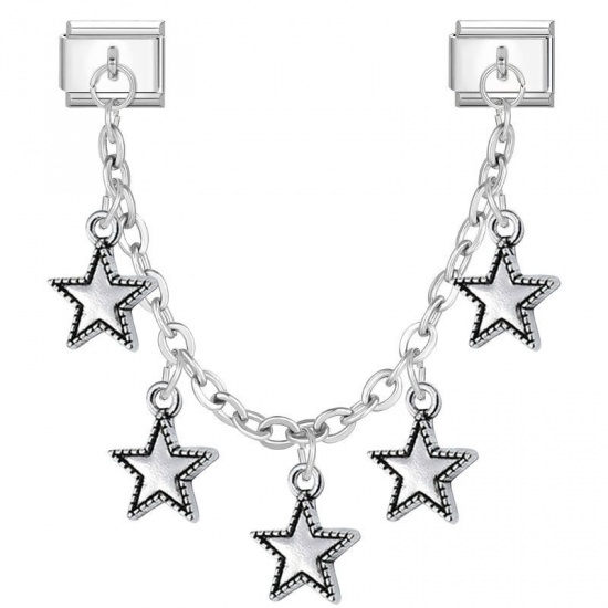 Picture of 1 Piece 304 Stainless Steel Stylish Italian Charm Links For DIY Bracelet Jewelry Making Wholesale Silver Tone Pentagram Star 10mm x 9mm