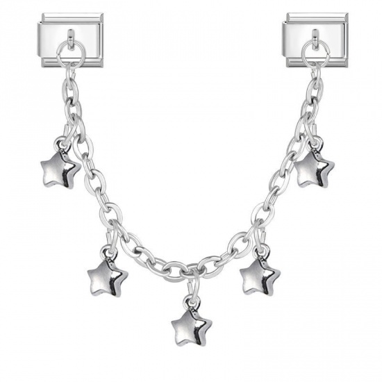 Picture of 1 Piece 304 Stainless Steel Stylish Italian Charm Links For DIY Bracelet Jewelry Making Wholesale Silver Tone Pentagram Star 10mm x 9mm