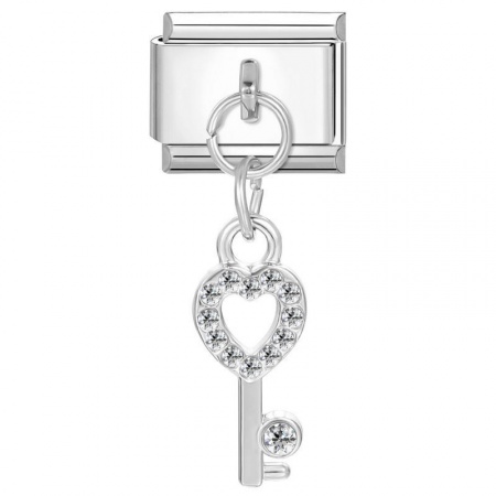 Picture of 1 Piece 304 Stainless Steel Stylish Italian Charm Links For DIY Bracelet Jewelry Making Wholesale Silver Tone Key Clear Rhinestone 10mm x 9mm