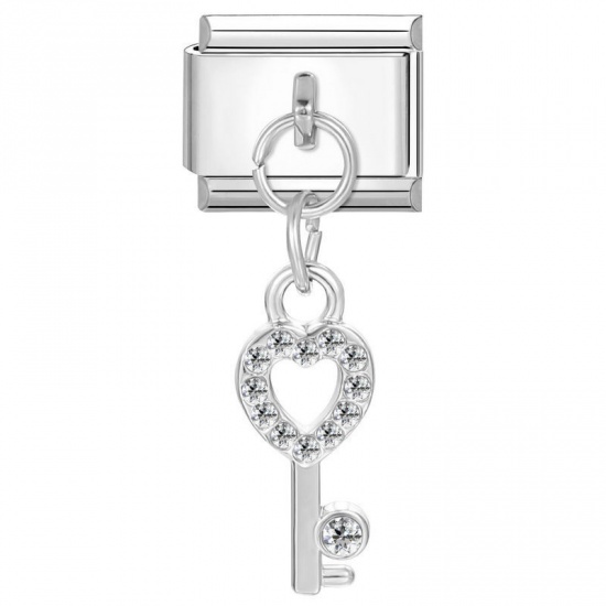 Picture of 1 Piece 304 Stainless Steel Stylish Italian Charm Links For DIY Bracelet Jewelry Making Wholesale Silver Tone Key Clear Rhinestone 10mm x 9mm