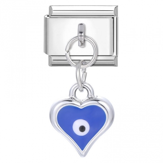 Picture of 1 Piece 304 Stainless Steel Valentine's Day Italian Charm Links For DIY Bracelet Jewelry Making Wholesale Silver Tone Blue Heart 10mm x 9mm