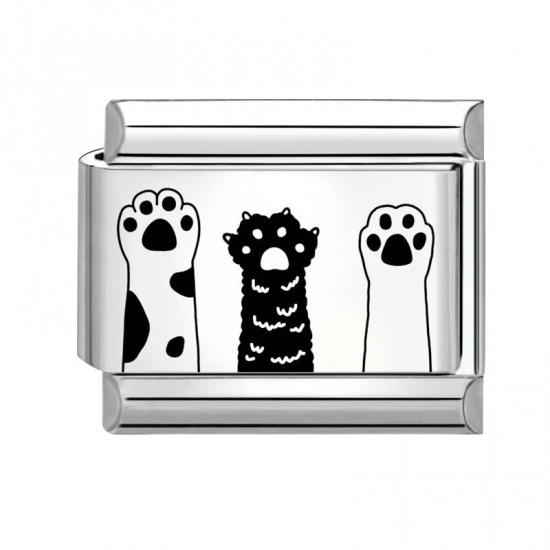 Picture of 1 Piece 304 Stainless Steel Stylish Italian Charm Links For DIY Bracelet Jewelry Making Wholesale Silver Tone Black Rectangle Paw Claw 10mm x 9mm