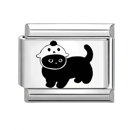 Picture of 1 Piece 304 Stainless Steel Stylish Italian Charm Links For DIY Bracelet Jewelry Making Wholesale Silver Tone Black Rectangle Cat 10mm x 9mm