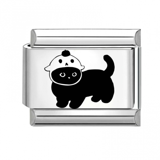 Picture of 1 Piece 304 Stainless Steel Stylish Italian Charm Links For DIY Bracelet Jewelry Making Wholesale Silver Tone Black Rectangle Cat 10mm x 9mm