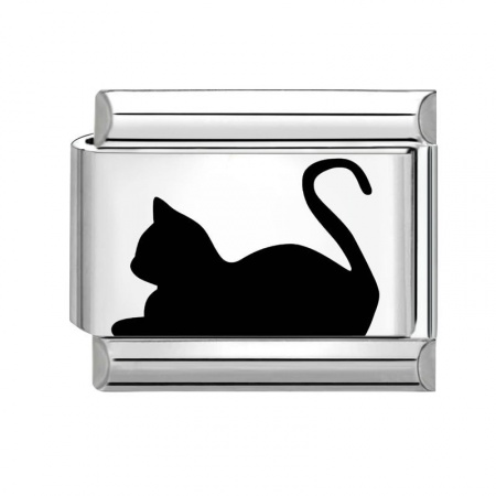 Picture of 1 Piece 304 Stainless Steel Stylish Italian Charm Links For DIY Bracelet Jewelry Making Wholesale Silver Tone Black Rectangle Cat 10mm x 9mm