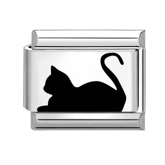 Picture of 1 Piece 304 Stainless Steel Stylish Italian Charm Links For DIY Bracelet Jewelry Making Wholesale Silver Tone Black Rectangle Cat 10mm x 9mm