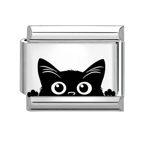 Picture of 1 Piece 304 Stainless Steel Stylish Italian Charm Links For DIY Bracelet Jewelry Making Wholesale Silver Tone Black Rectangle Cat 10mm x 9mm