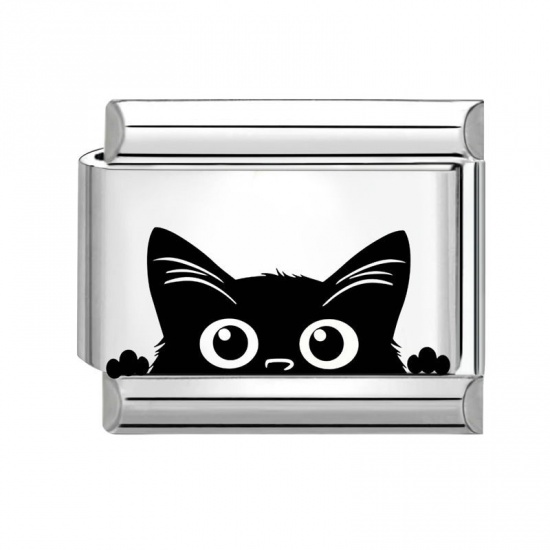 Picture of 1 Piece 304 Stainless Steel Stylish Italian Charm Links For DIY Bracelet Jewelry Making Wholesale Silver Tone Black Rectangle Cat 10mm x 9mm