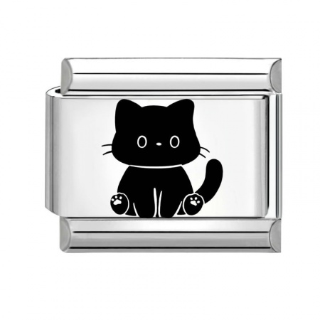Picture of 1 Piece 304 Stainless Steel Stylish Italian Charm Links For DIY Bracelet Jewelry Making Wholesale Silver Tone Black Rectangle Cat 10mm x 9mm