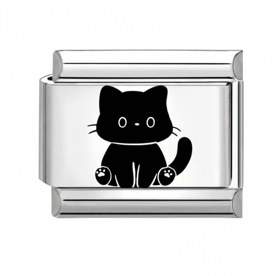 Picture of 1 Piece 304 Stainless Steel Stylish Italian Charm Links For DIY Bracelet Jewelry Making Wholesale Silver Tone Black Rectangle Cat 10mm x 9mm