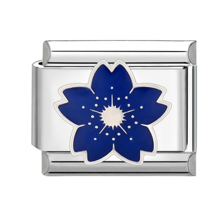 Picture of 1 Piece 304 Stainless Steel Stylish Italian Charm Links For DIY Bracelet Jewelry Making Wholesale Silver Tone Dark Blue Rectangle Flower 10mm x 9mm