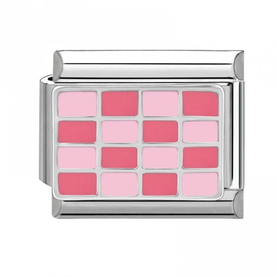 Picture of 1 Piece 304 Stainless Steel Stylish Italian Charm Links For DIY Bracelet Jewelry Making Wholesale Silver Tone Pink Rectangle Grid Checker 10mm x 9mm