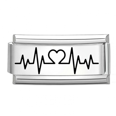 Picture of 1 Piece 304 Stainless Steel Stylish Italian Charm Links For DIY Bracelet Jewelry Making Wholesale Silver Tone Black Rectangle Medical Heartbeat/ Electrocardiogram 20mm x 9mm