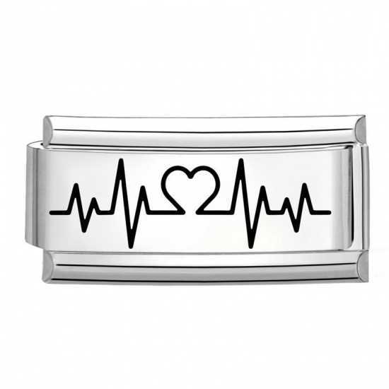 Picture of 1 Piece 304 Stainless Steel Stylish Italian Charm Links For DIY Bracelet Jewelry Making Wholesale Silver Tone Black Rectangle Medical Heartbeat/ Electrocardiogram 20mm x 9mm